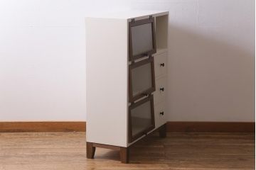 ラフジュ工房オリジナル　古材使用　リメイク家具　ペイント　バイカラーがレトロなパタパタ扉のキャビネット(収納棚、リビングボード)(R-040255)