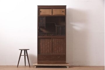 アンティーク家具　工芸家具　京都産　桑材・黒檀材　網代編み戸　上品な造りの茶棚(茶箪笥、収納棚)(R-040282)