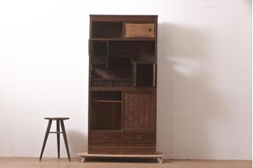 アンティーク家具　工芸家具　京都産　桑材・黒檀材　網代編み戸　上品な造りの茶棚(茶箪笥、収納棚)(R-040282)
