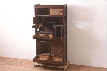 アンティーク家具　工芸家具　京都産　桑材・黒檀材　網代編み戸　上品な造りの茶棚(茶箪笥、収納棚)(R-040282)