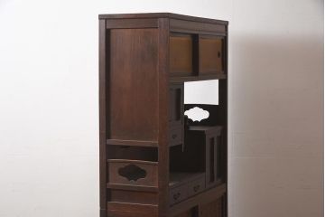 アンティーク家具　工芸家具　京都産　桑材・黒檀材　網代編み戸　上品な造りの茶棚(茶箪笥、収納棚)(R-040282)