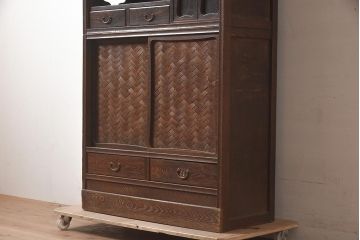 アンティーク家具　工芸家具　京都産　桑材・黒檀材　網代編み戸　上品な造りの茶棚(茶箪笥、収納棚)(R-040282)