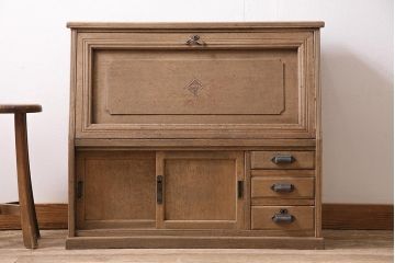 アンティーク家具　昭和初期　ストリップド(剥離)　ナラ材　象嵌入り　和と洋どちらのお部屋にも合うライティングビューロー(簿記机、在宅ワーク、在宅用ワークデスク)(R-040307)
