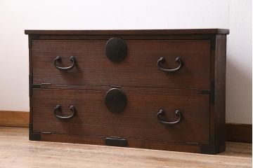 アンティーク家具　明治大正期　古箪笥リメイク　天板ヒノキ材　フラップダウン扉のコーナーテレビ台(テレビボード、リビングボード)(R-040318)