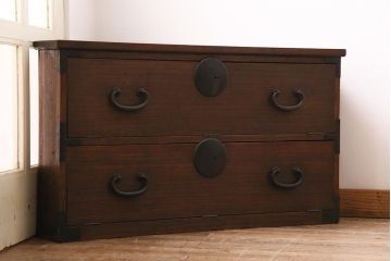 アンティーク家具　明治大正期　古箪笥リメイク　天板ヒノキ材　フラップダウン扉のコーナーテレビ台(テレビボード、リビングボード)(R-040319)