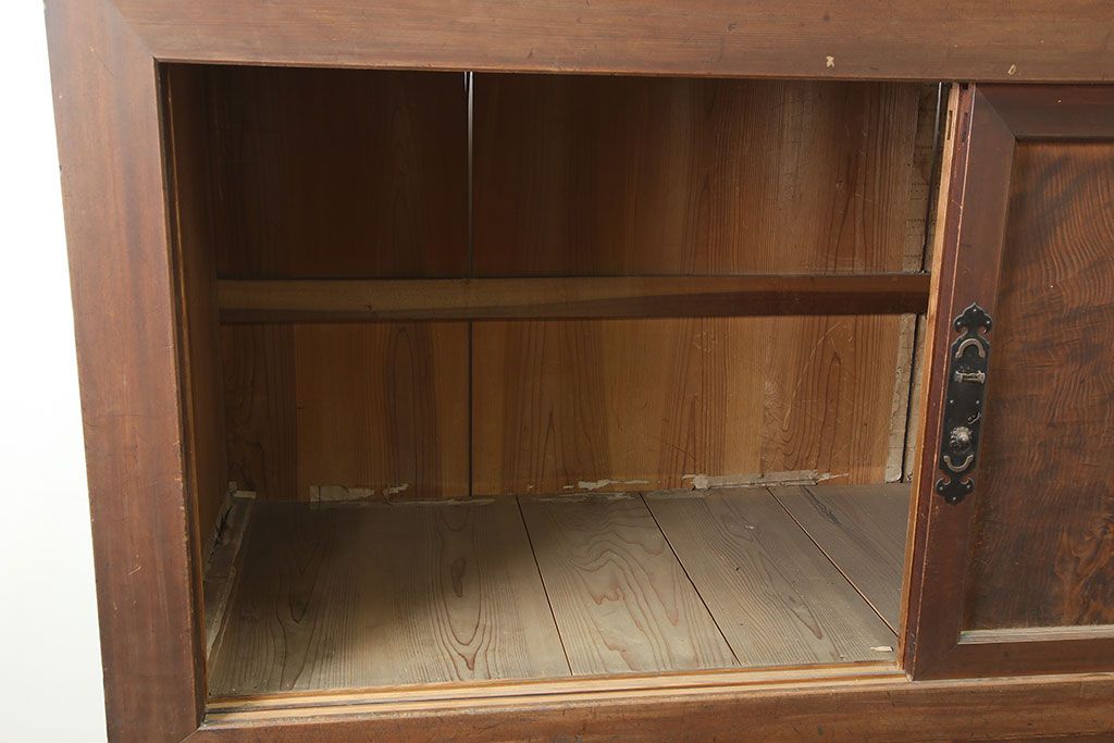 アンティーク家具　明治大正期　ヒノキ材　存在感抜群!横桟が目を惹く重ね水屋箪笥(収納棚、戸棚)(R-040380)