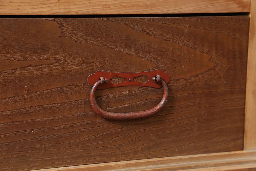 アンティーク家具　明治大正期　ヒノキ材　存在感抜群!横桟が目を惹く重ね水屋箪笥(収納棚、戸棚)(R-040380)