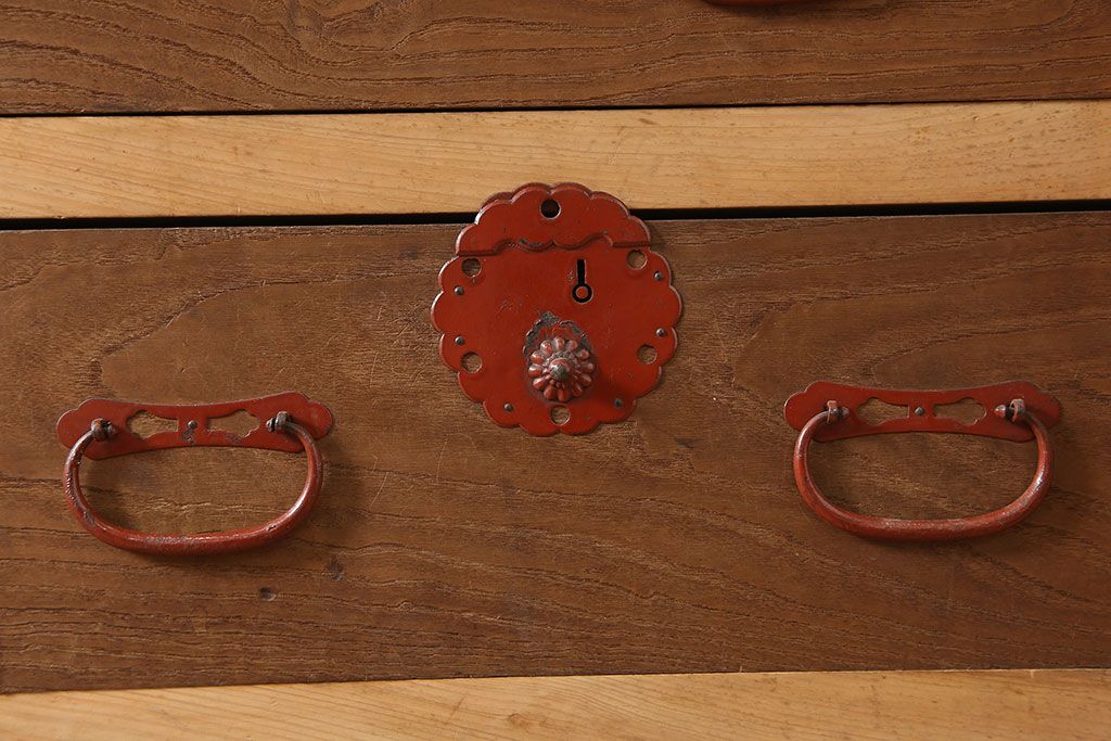 アンティーク家具　明治大正期　ヒノキ材　存在感抜群!横桟が目を惹く重ね水屋箪笥(収納棚、戸棚)(R-040380)