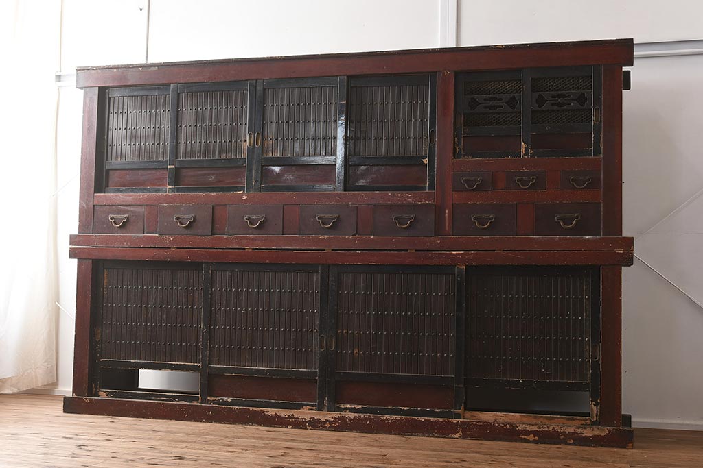 アンティーク家具　明治期　特大サイズ!和の雰囲気を高める9尺物の重ね水屋箪笥(九尺水屋、収納棚)(R-040384)