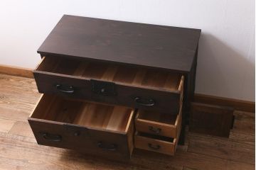 アンティーク家具　和製アンティーク　脚付きリメイク　鋲金具が存在感を引き立てる片開き戸付きの箪笥ローボード(衣装箪笥、チェスト、引き出し、リビングボード)(R-040394)