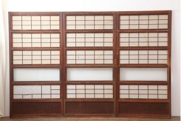 アンティーク建具　昭和初期　腰板ケヤキ材・玉杢　裏障子付き　繊細な桟が美しい格子戸3枚セット(ガラス帯戸、建具、引き戸)