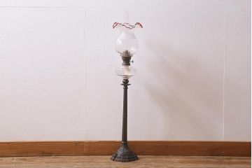 アンティーク雑貨　明治大正　グラビュール(グラヴュール)　金魚鉢型　チューリップ型　赤縁　フリルガラスのオイルランプ(洋燈、座敷ランプ)(R-040419)