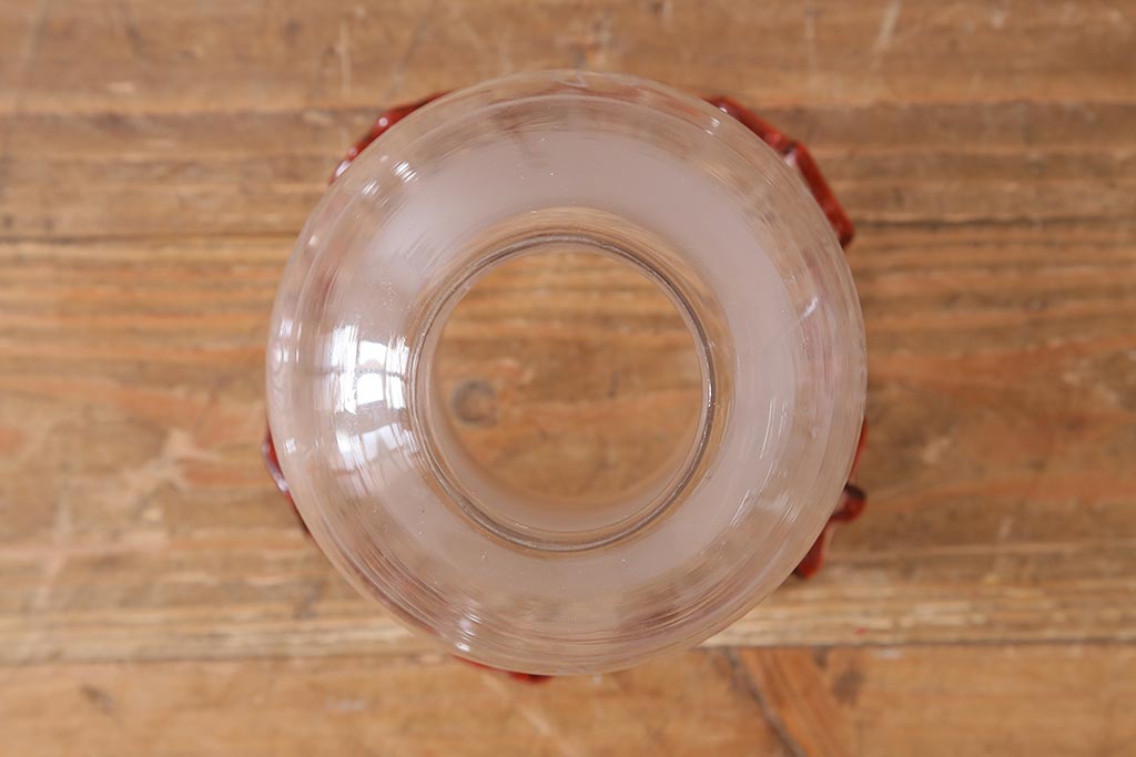 アンティーク雑貨　明治大正　グラビュール(グラヴュール)　金魚鉢型　チューリップ型　赤縁　フリルガラスのオイルランプ(洋燈、座敷ランプ)(R-040419)