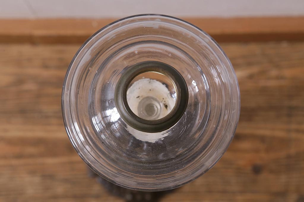 アンティーク雑貨　明治大正　グラビュール(グラヴュール)　金魚鉢型　チューリップ型　赤縁　フリルガラスのオイルランプ(洋燈、座敷ランプ)(R-040419)