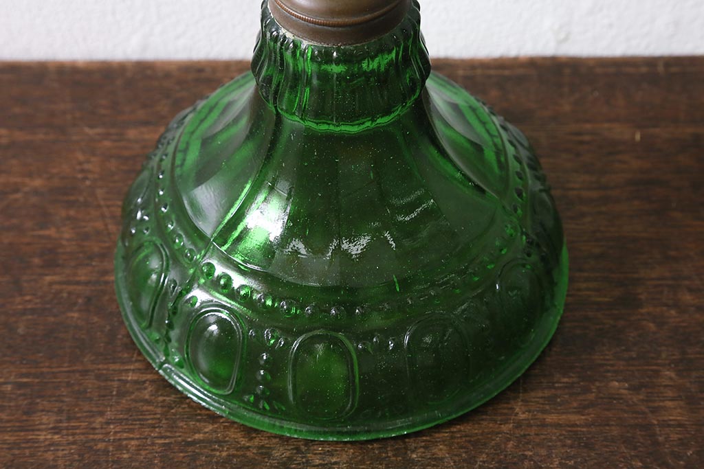 ヴィンテージ雑貨　フランスビンテージ　巻芯10番　グリーンのガラスが素敵なヴィクトリアンオイルランプ(灯油ランプ、台ランプ)(R-040421)