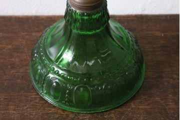 ヴィンテージ雑貨　フランスビンテージ　巻芯10番　グリーンのガラスが素敵なヴィクトリアンオイルランプ(灯油ランプ、台ランプ)(R-040421)