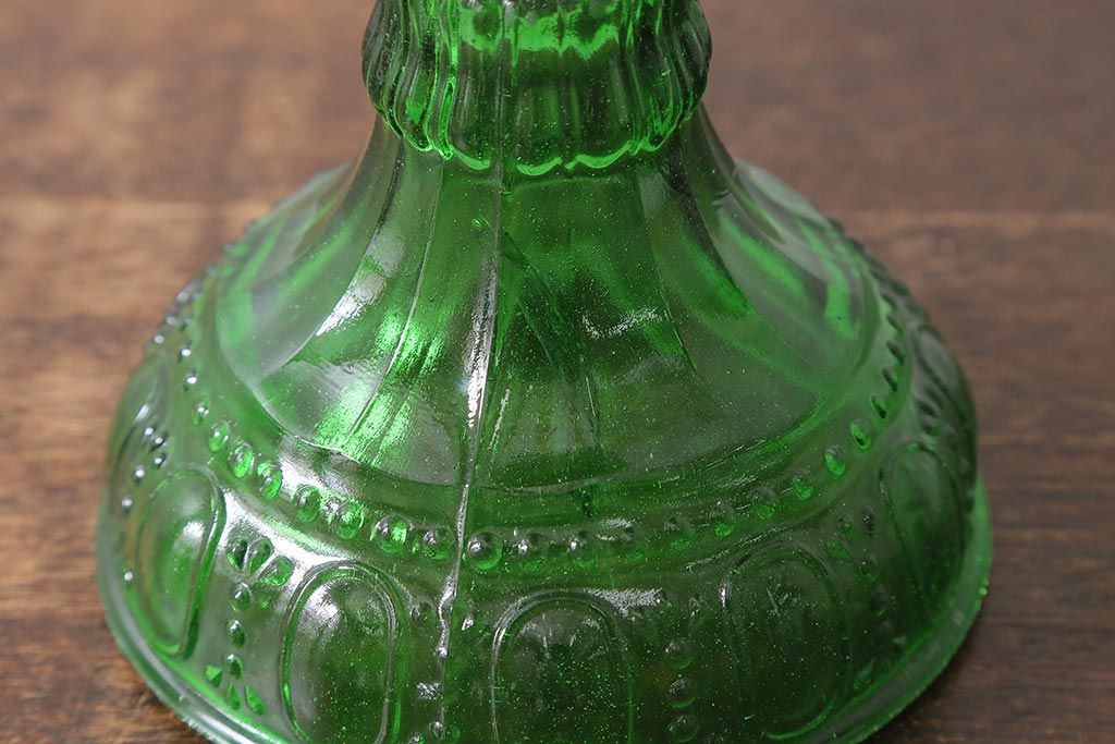 ヴィンテージ雑貨　フランスビンテージ　巻芯10番　グリーンのガラスが素敵なヴィクトリアンオイルランプ(灯油ランプ、台ランプ)(R-040421)
