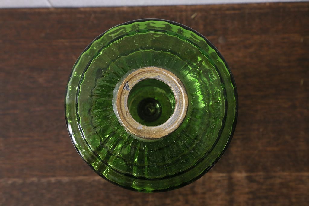 ヴィンテージ雑貨　フランスビンテージ　巻芯10番　グリーンのガラスが素敵なヴィクトリアンオイルランプ(灯油ランプ、台ランプ)(R-040421)