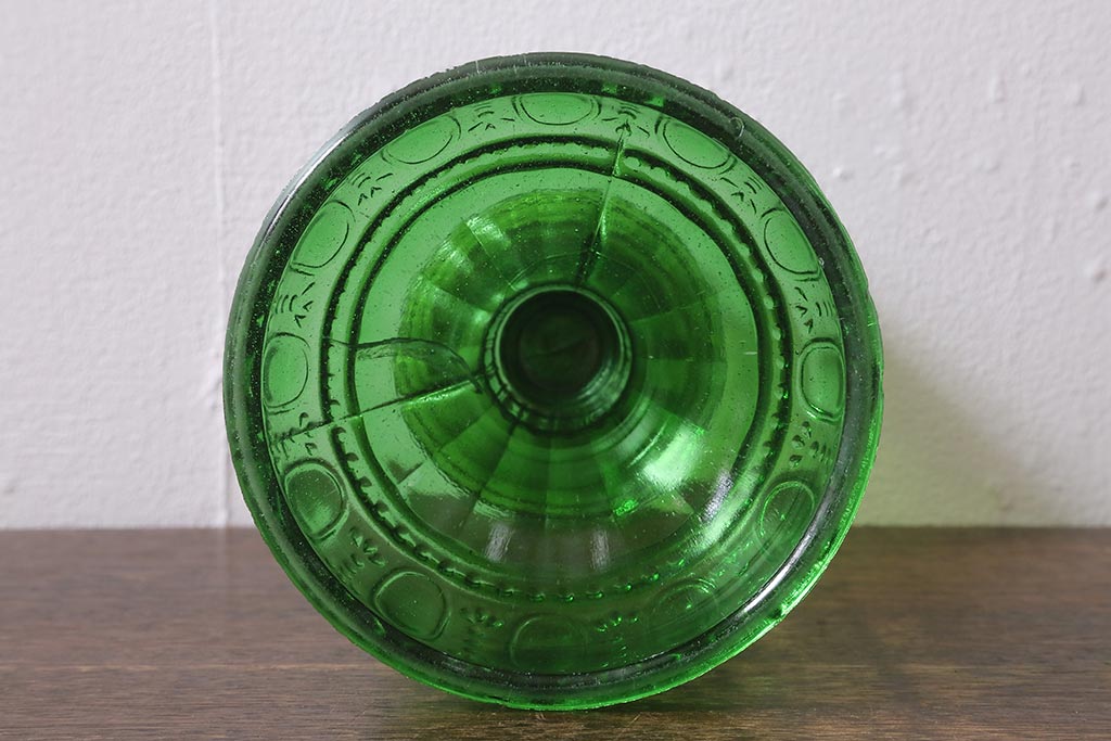 ヴィンテージ雑貨　フランスビンテージ　巻芯10番　グリーンのガラスが素敵なヴィクトリアンオイルランプ(灯油ランプ、台ランプ)(R-040421)