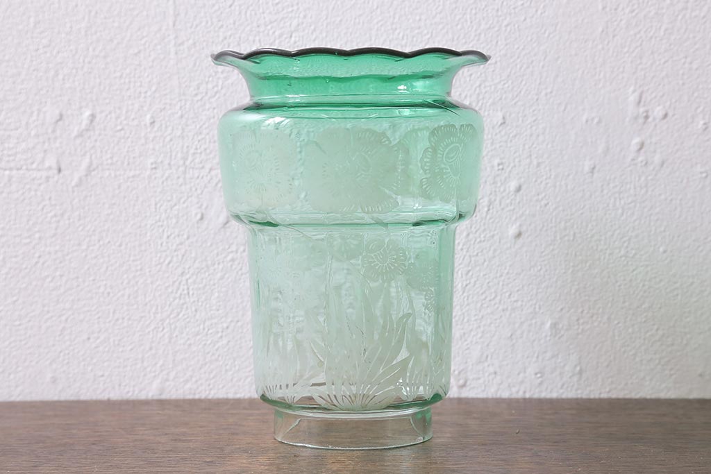 ヴィンテージ雑貨　フランスビンテージ　巻芯10番　グリーンのガラスが素敵なヴィクトリアンオイルランプ(灯油ランプ、台ランプ)(R-040421)