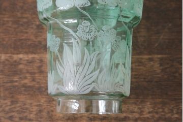 ヴィンテージ雑貨　フランスビンテージ　巻芯10番　グリーンのガラスが素敵なヴィクトリアンオイルランプ(灯油ランプ、台ランプ)(R-040421)