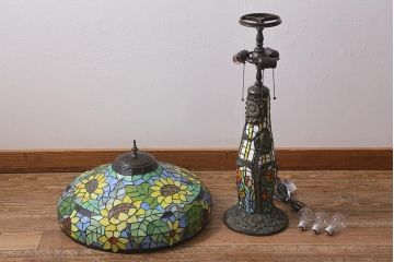 中古　アンティーク風　ティファニー風　銅製　ひまわり　ステンドグラスのスタンドライト(フロアスタンド、照明)(R-040441)