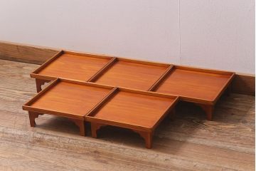 アンティーク雑貨　大正昭和初期　春慶塗　木製脚付膳5客セット・小(お膳、漆器)(R-040446)