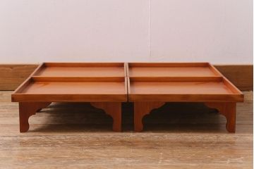 アンティーク雑貨　大正昭和初期　春慶塗　木製脚付膳4客セット・小(お膳、漆器)(R-040448)