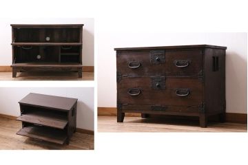 アンティーク家具　ラフジュ工房オリジナル　古箪笥リメイク　フラップダウン扉のテレビ台(テレビボード、リビングボード、時代箪笥)(R-040457)
