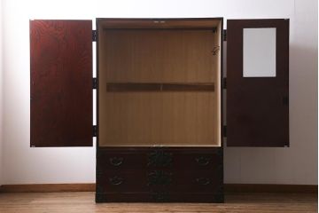 ビンテージ家具　岩谷堂箪笥　銘入り「菊政」　手打ち金具・牡丹と唐獅子紋　木地呂塗り　ワードローブ(洋服タンス)(R-040478)
