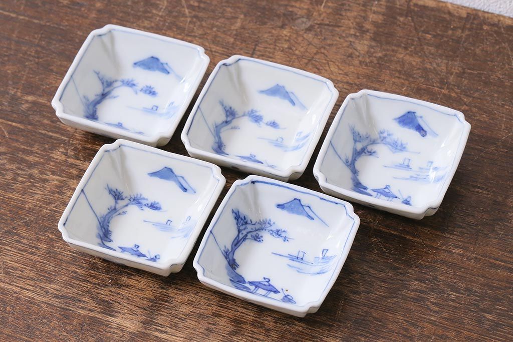 アンティーク雑貨　大正昭和初期　山水図　染付小皿5枚セット(豆皿、醤油皿、和食器)(R-040494)