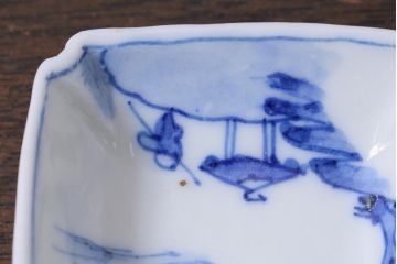 アンティーク雑貨　大正昭和初期　山水図　染付小皿5枚セット(豆皿、醤油皿、和食器)(R-040494)