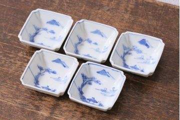 アンティーク雑貨　大正昭和初期　山水図　染付小皿5枚セット(豆皿、醤油皿、和食器)(R-040494)