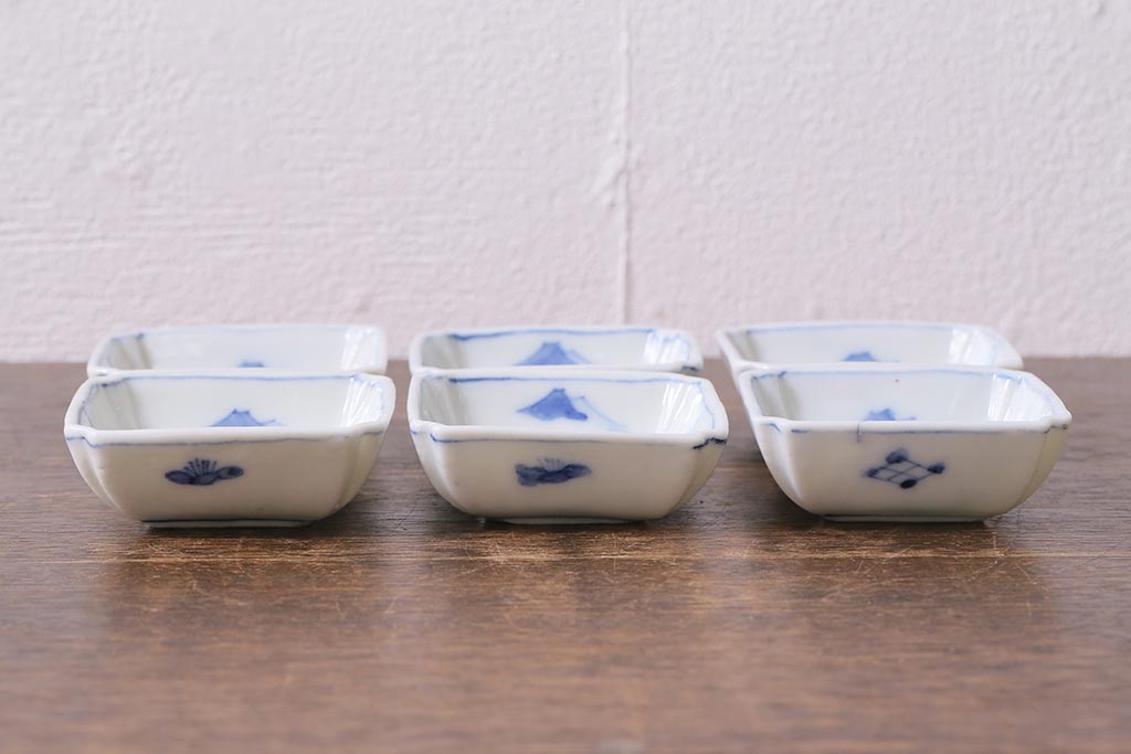 アンティーク雑貨　大正昭和初期　山水図　染付小皿6枚セット(豆皿、醤油皿、和食器)(R-040495)