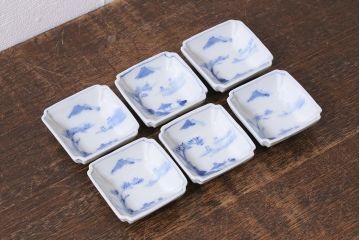 アンティーク雑貨　大正昭和初期　山水図　染付小皿6枚セット(豆皿、醤油皿、和食器)(R-040495)