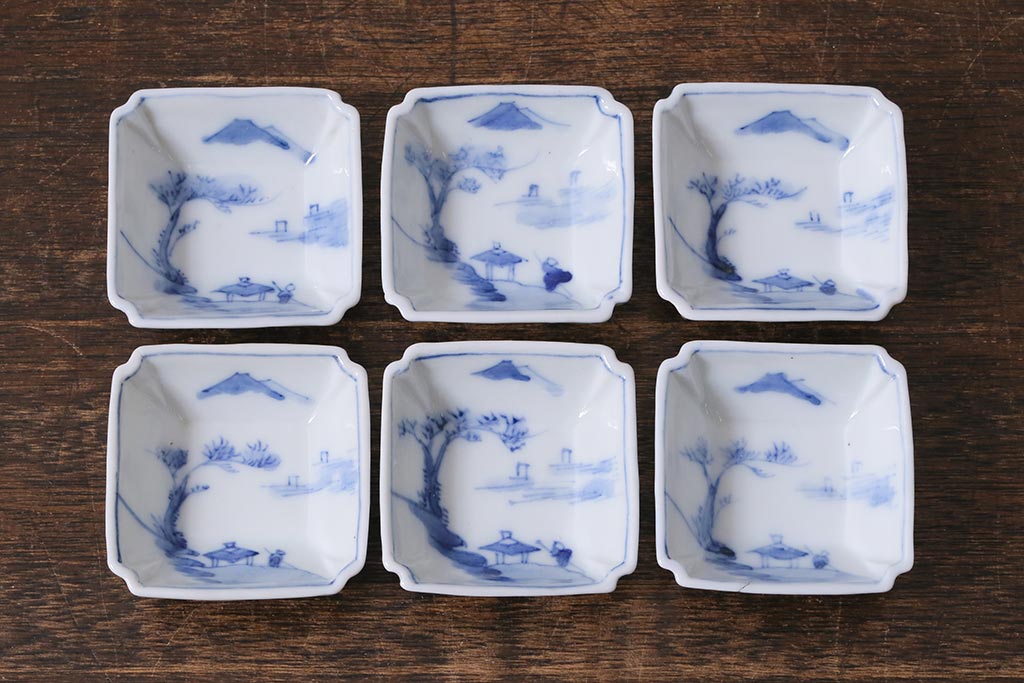 アンティーク雑貨　大正昭和初期　山水図　染付小皿6枚セット(豆皿、醤油皿、和食器)(R-040495)