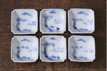 アンティーク雑貨　大正昭和初期　山水図　染付小皿6枚セット(豆皿、醤油皿、和食器)(R-040495)