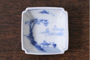 アンティーク雑貨　大正昭和初期　山水図　染付小皿6枚セット(豆皿、醤油皿、和食器)(R-040495)