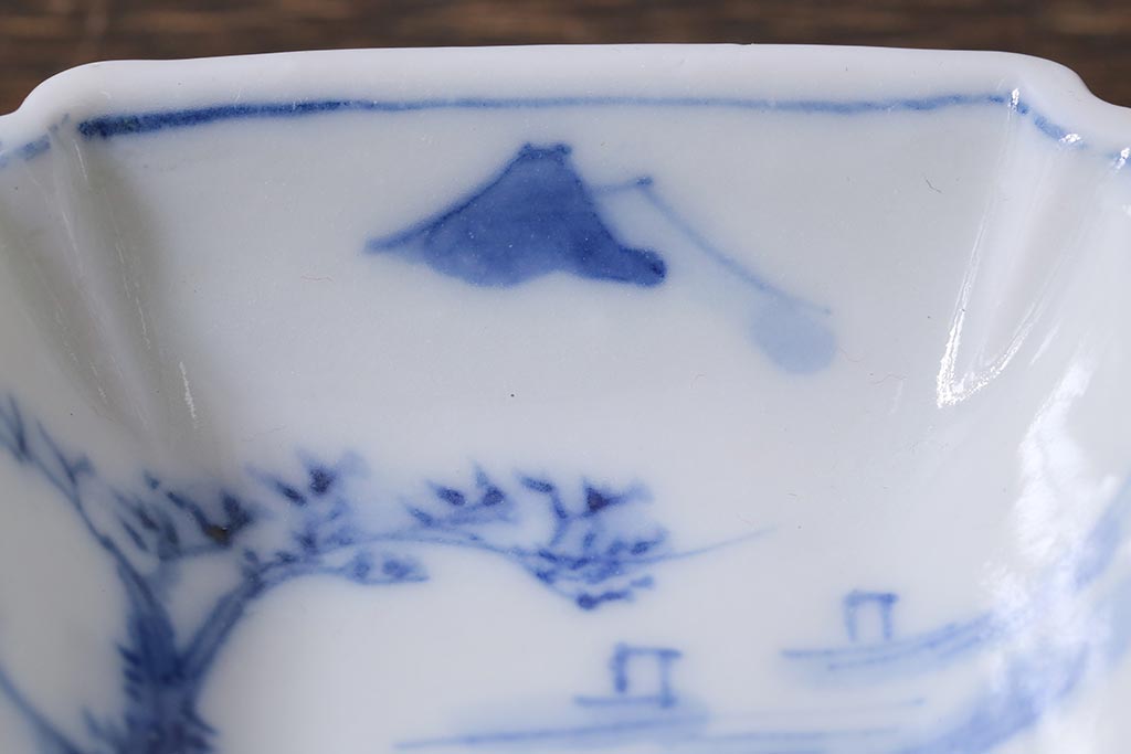 アンティーク雑貨　大正昭和初期　山水図　染付小皿6枚セット(豆皿、醤油皿、和食器)(R-040495)