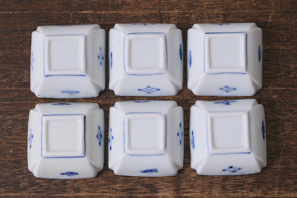 アンティーク雑貨　大正昭和初期　山水図　染付小皿6枚セット(豆皿、醤油皿、和食器)(R-040495)
