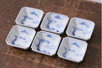 アンティーク雑貨　大正昭和初期　山水図　染付小皿6枚セット(豆皿、醤油皿、和食器)(R-040495)