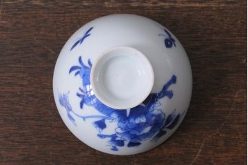 アンティーク雑貨　明治期　花蝶文染付蓋茶碗2客セット(蓋付茶碗、和食器)(R-040499)