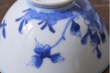 アンティーク雑貨　明治期　花蝶文染付蓋茶碗2客セット(蓋付茶碗、和食器)(R-040499)
