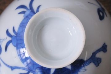 アンティーク雑貨　明治期　花蝶文染付蓋茶碗3客セット(蓋付茶碗、和食器)(R-040500)