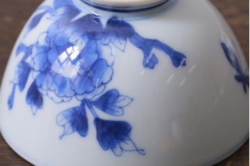 アンティーク雑貨　明治期　花蝶文染付蓋茶碗3客セット(蓋付茶碗、和食器)(R-040500)