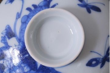 アンティーク雑貨　明治期　花蝶文染付蓋茶碗3客セット(蓋付茶碗、和食器)(R-040500)