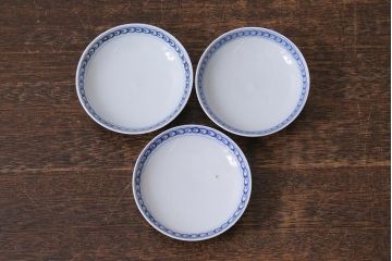 アンティーク雑貨　明治期　花蝶文染付蓋茶碗3客セット(蓋付茶碗、和食器)(R-040500)