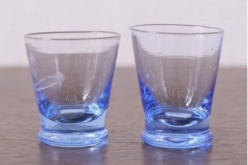 レトロ雑貨　昭和中期　落ち着いた青色の切子グラス11個セット(コップ)(R-040502)