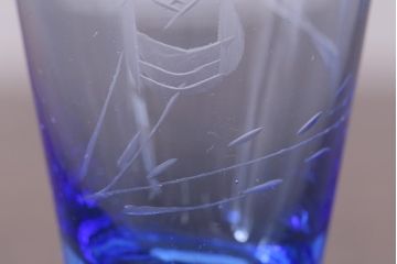 レトロ雑貨　昭和中期　落ち着いた青色の切子グラス11個セット(コップ)(R-040502)