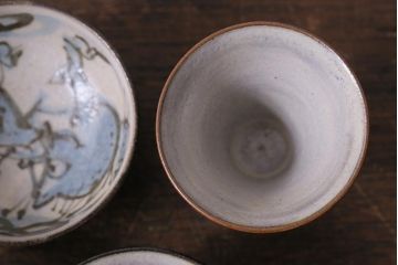 レトロ雑貨　箱付き　三浦小平　無名異焼　5種(猪口、杯、盃)(R-040503)